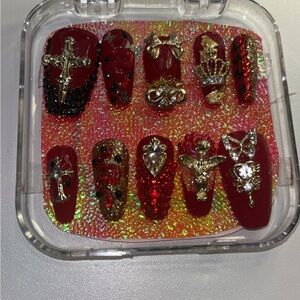 Hand Painted “DEEP In Relief Red” Gel Polish press on nailRed and Gold Nail Set